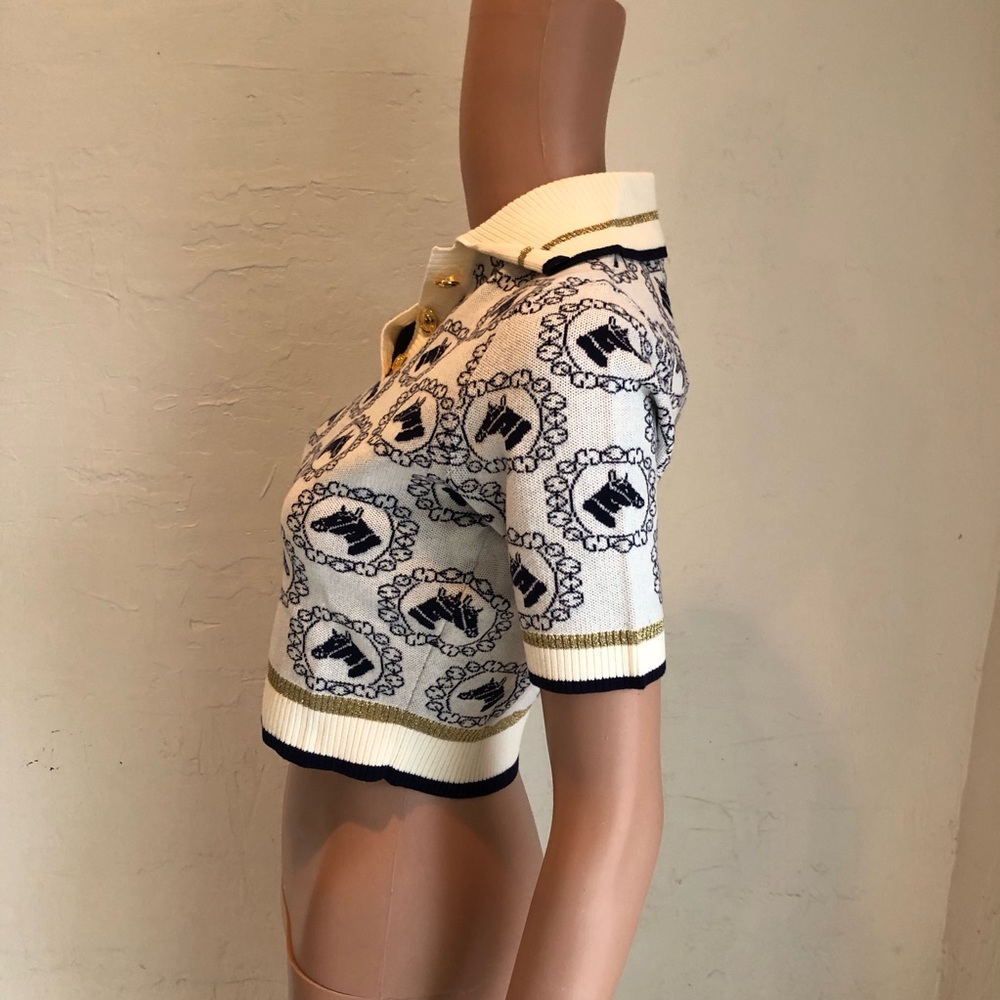 Gucci Equestrian Jacquard Polo Short Sleeves Sweater Cream/Navy Women's Size XS - Picture 4 of 16